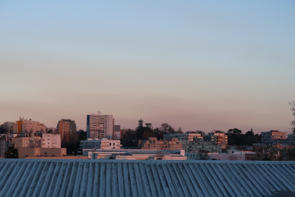 a city skyline with a blue sky