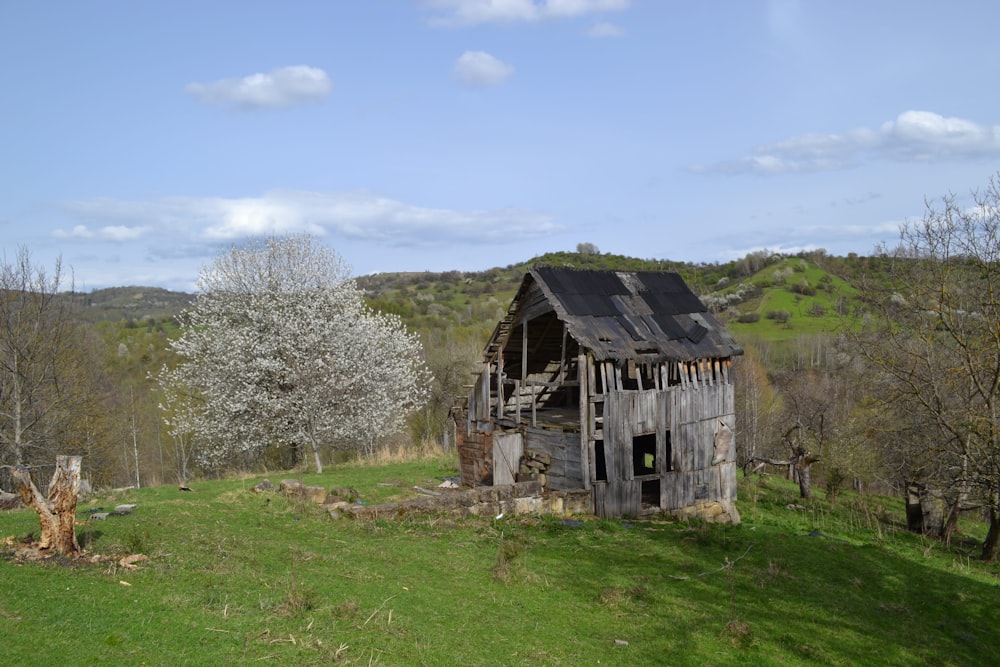 a wooden building in a field