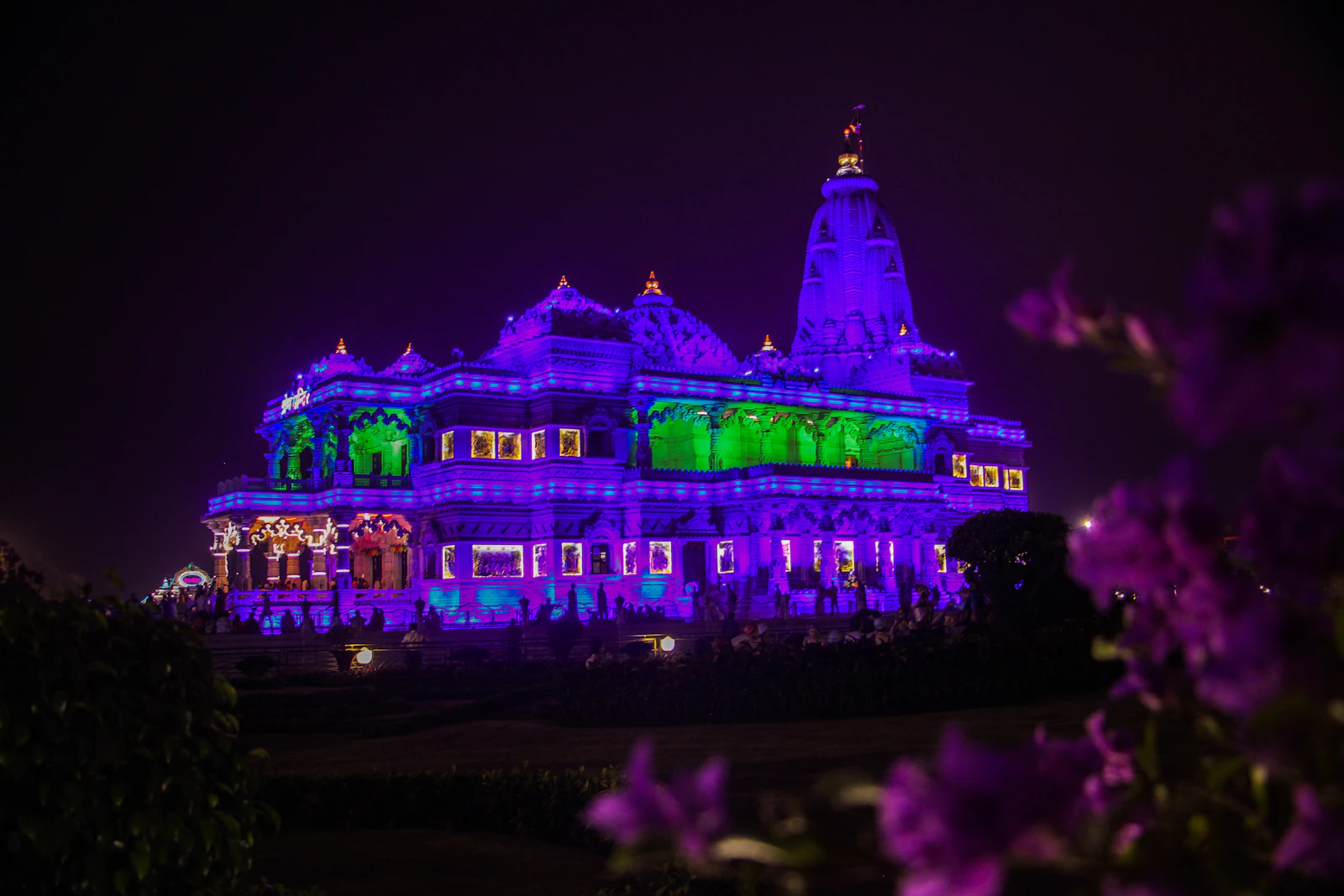 Prem Mandir temple in Vrindavan lit up at night