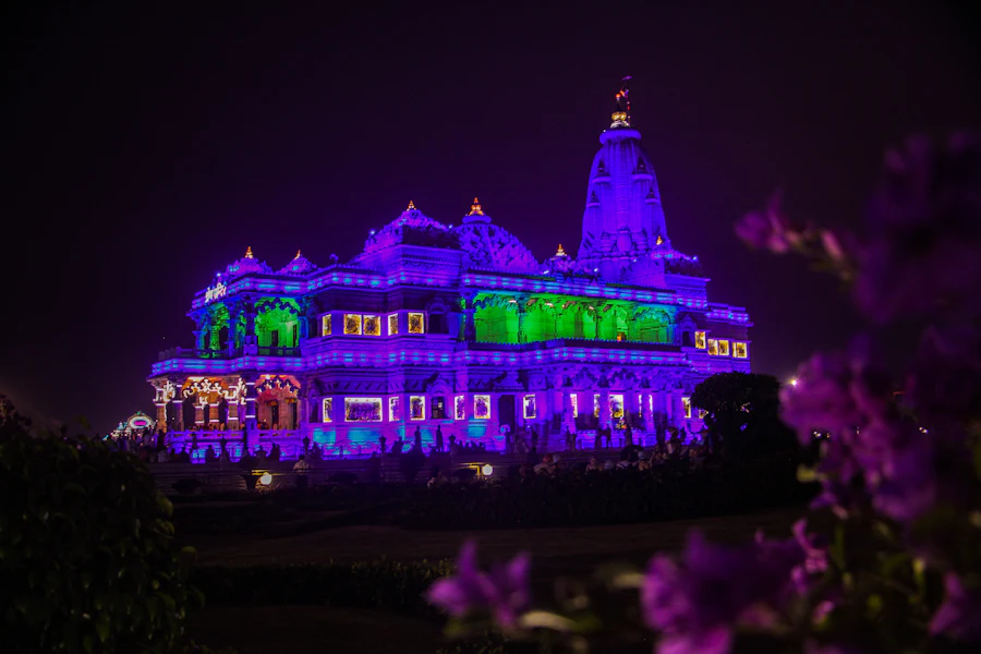 Prem Mandir temple in Vrindavan lit up at night