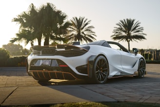 A stunning sports car cruising down a palm-lined street in Miami under clear blue skies.