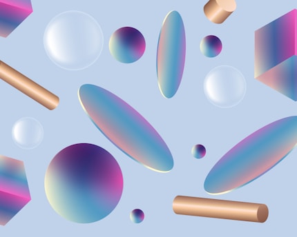 Various geometric shapes such as spheres, cylinders, and ellipses are floating against a light blue background. The objects feature a gradient of colors including blue, pink, and gold, giving them a metallic and reflective appearance.