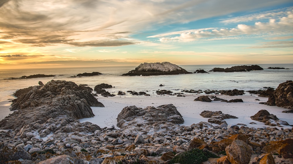 a rocky beach with a body of water in the background