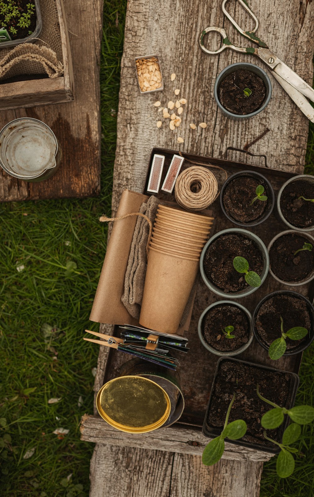 a wood box with a variety of objects in it