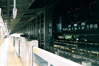 A sleek, modern high-speed train is stationed at a brightly lit platform. The station features an array of lights and structural beams overhead, surrounded by transparent glass walls. There is minimal movement, suggesting a calm and organized atmosphere.