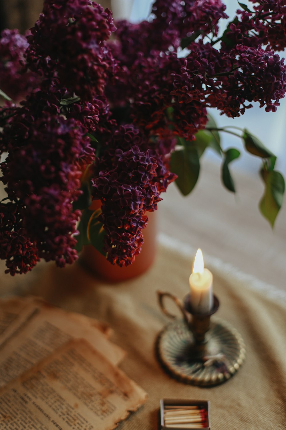 a candle next to a potted plant with purple flowers