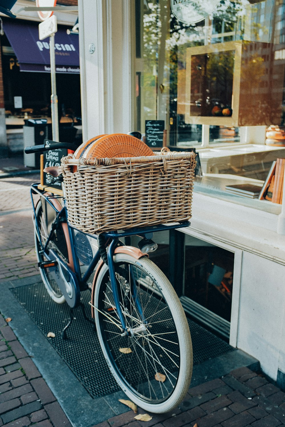 a bicycle with a basket on the front of it