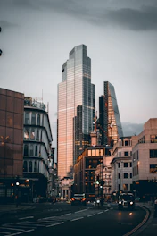 a city street with tall buildings