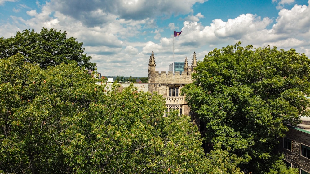 a building with a flag on top