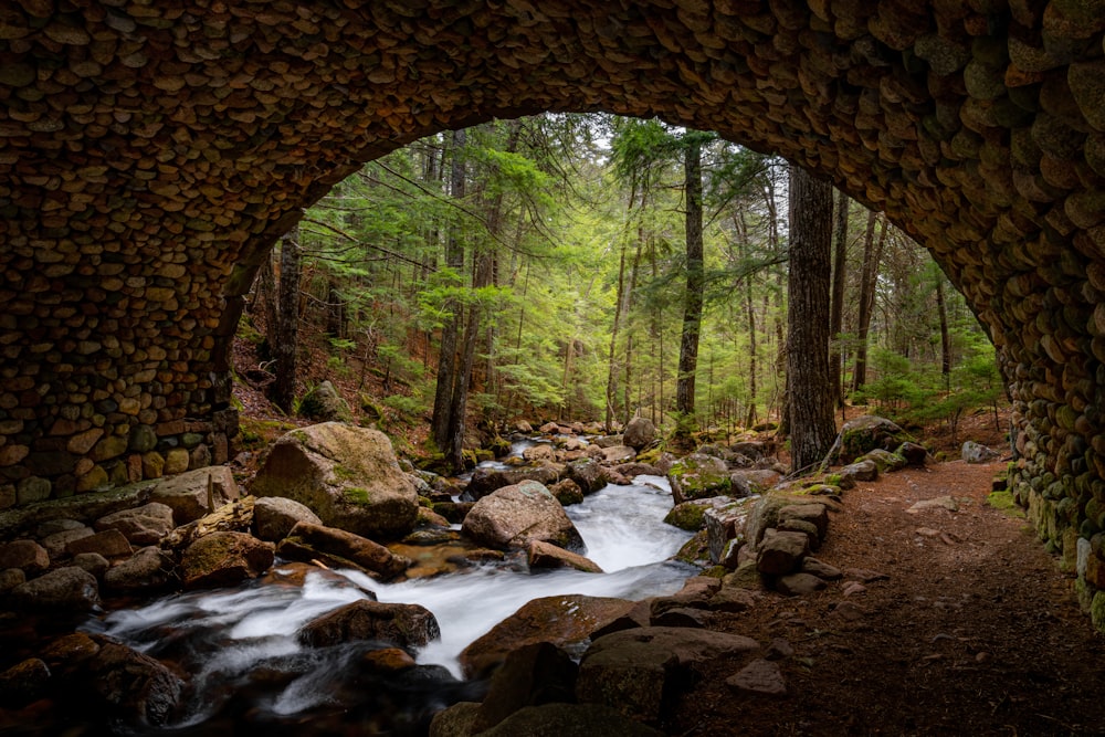 a stone tunnel with a river running through it