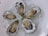 Five fresh oysters are arranged on a bed of crushed ice, garnished with small orange and green herbs. The oysters' pearlescent shells and the translucent ice create a refreshing and appetizing presentation.