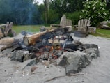 Evening campfire spot near the cottage with logs arranged for seating.