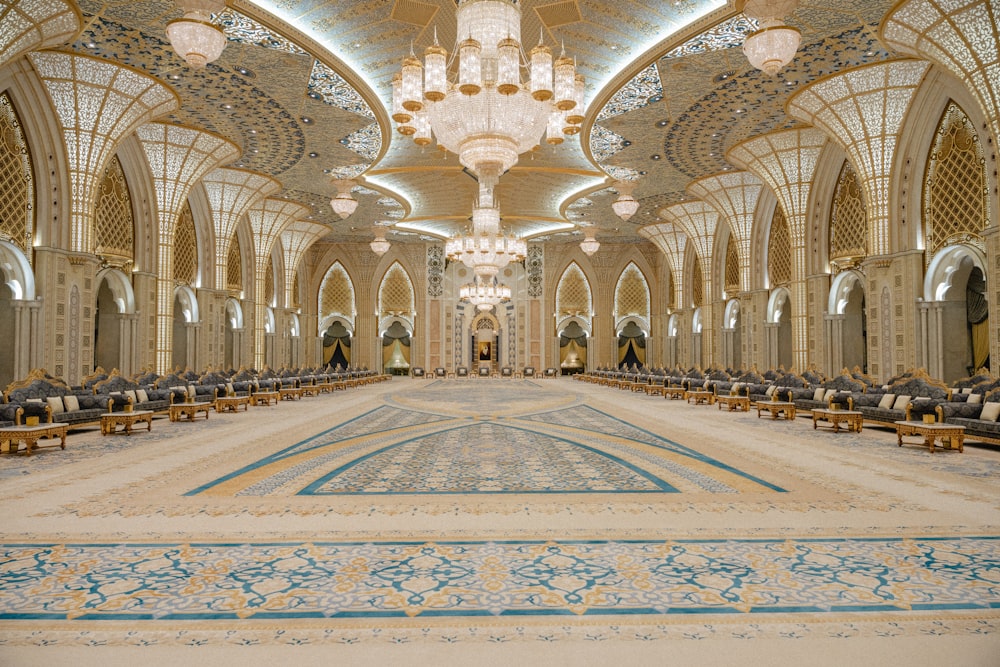 a large room with a large chandelier and a large pool
