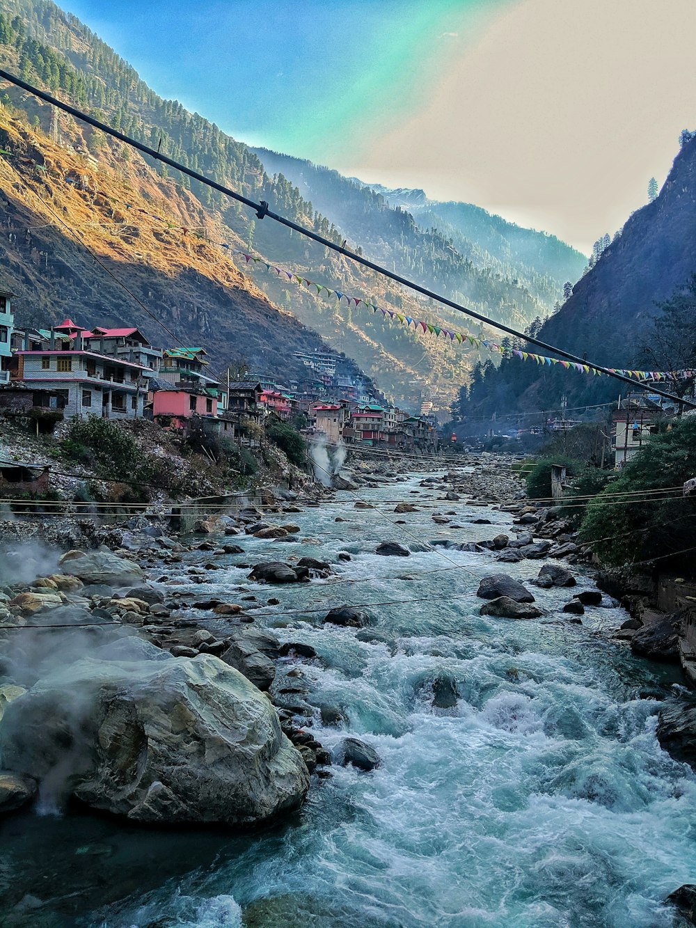 a river running through a valley between mountains