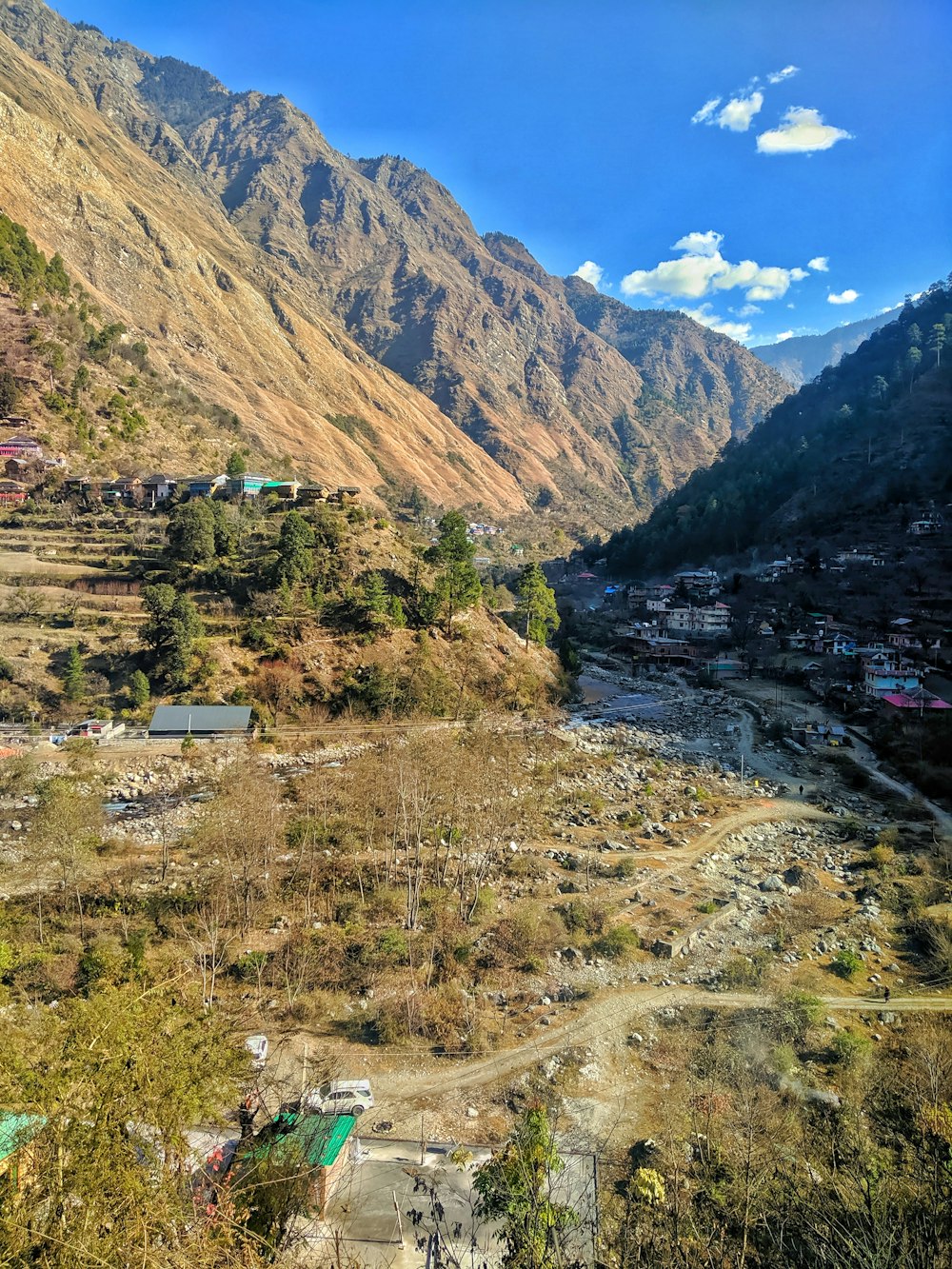 a valley between mountains with buildings