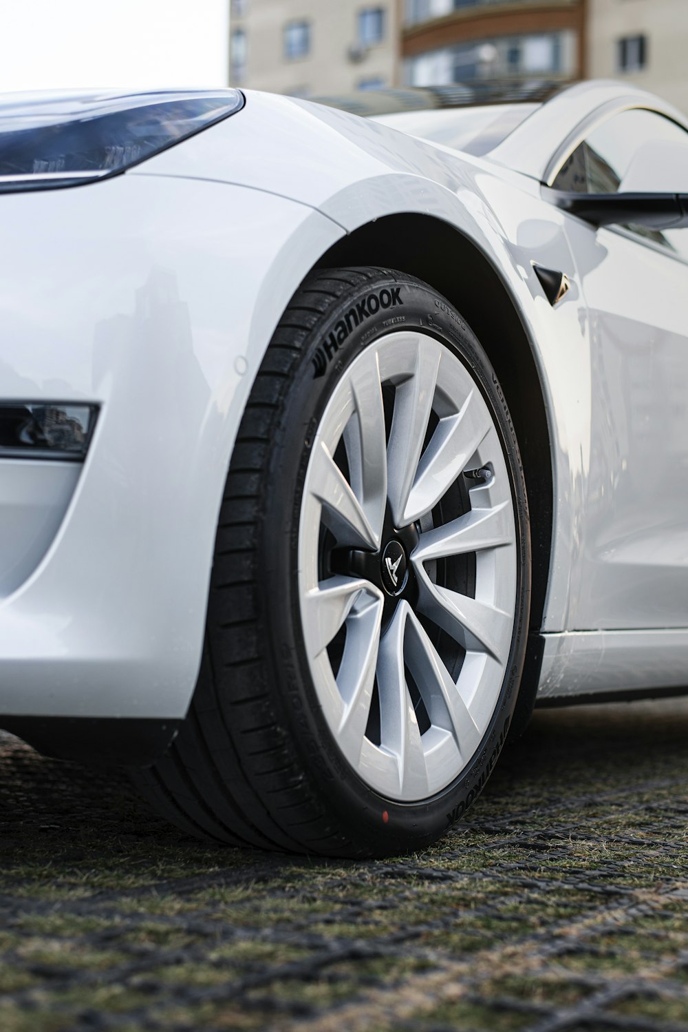 a white car with a black rim