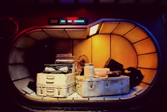 A futuristic storage compartment with a metallic interior contains various items. The items include two large, weathered storage containers, a pile of folded clothes, a jar, and other miscellaneous gear. Soft warm lighting illuminates the space, casting shadows and enhancing the metallic and industrial feel.