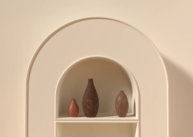 Arched wall niche with a shelf and clay vases