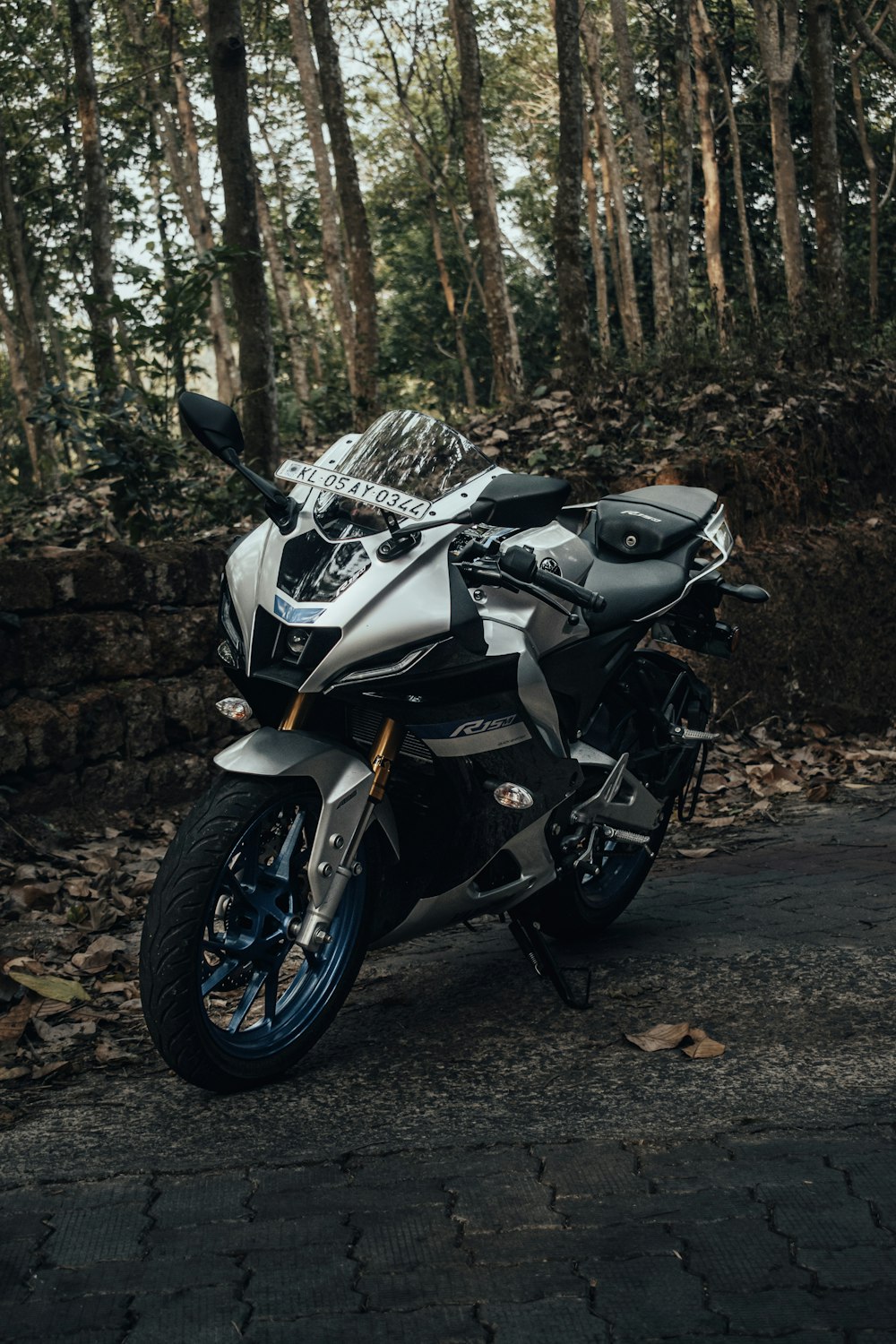 Una motocicleta estacionada en un camino de piedra