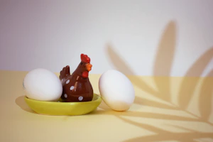 Bright chicken wall art hanging in a sunny kitchen with fresh eggs in a basket below.