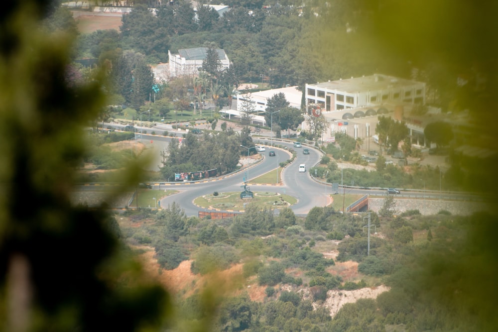 a road with trees and buildings