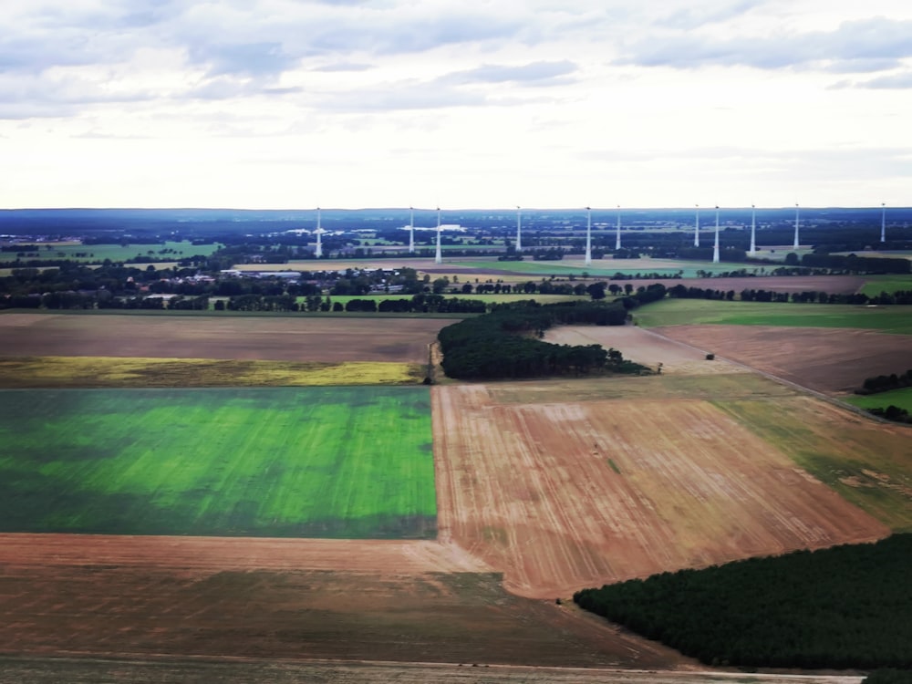 a large field with windmills in the distance