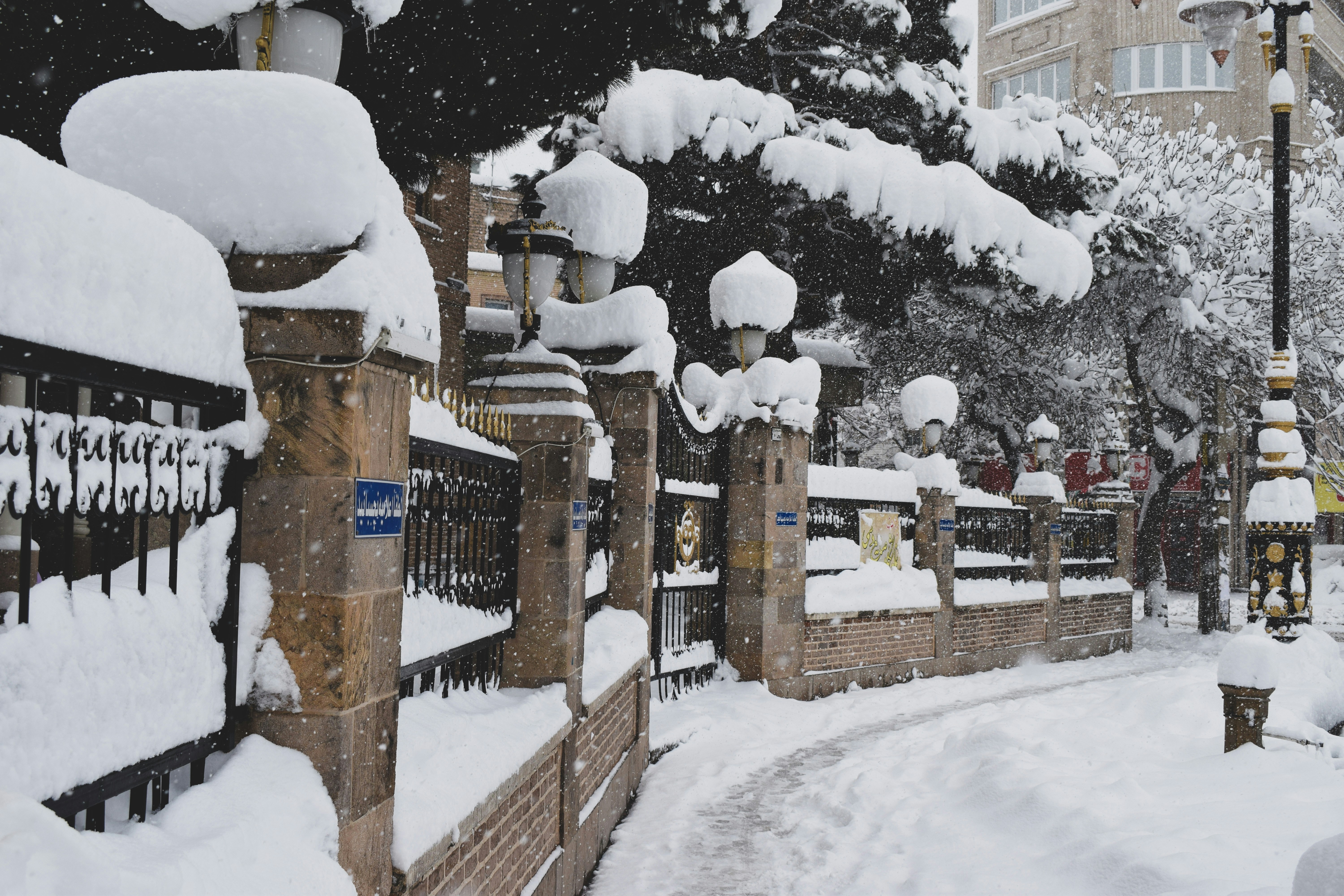 a fence with snow on it and trees in the back