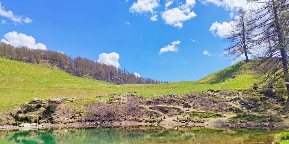 a lake surrounded by a lush green hillside