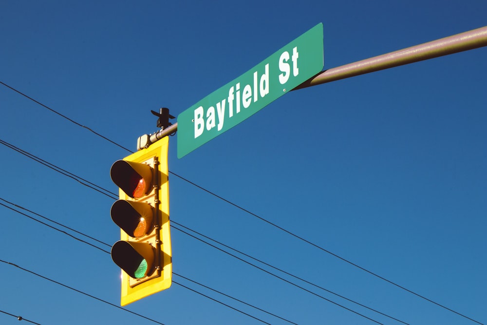 a traffic light with a street sign on it