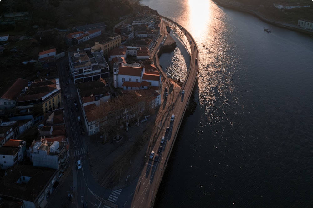 an aerial view of a city and a river