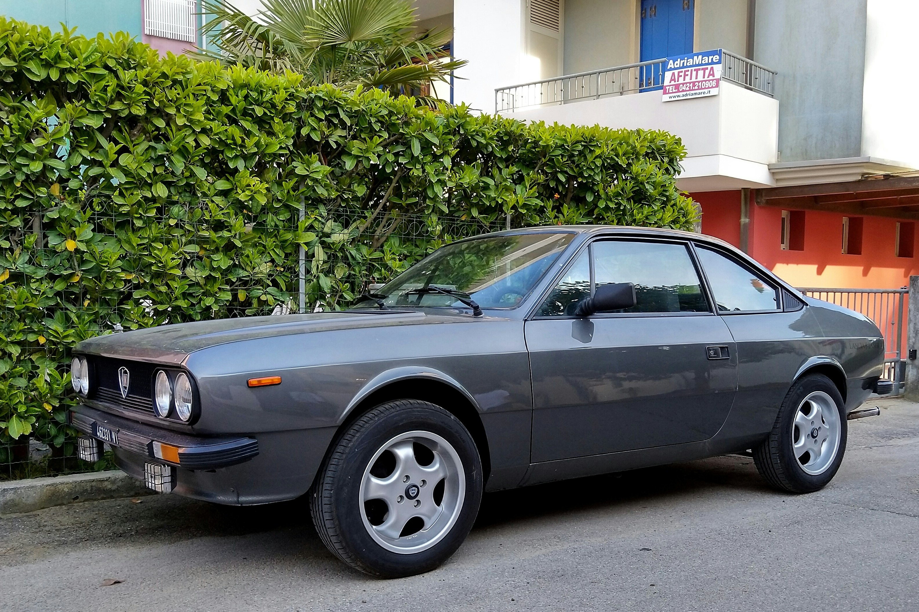 a gray car parked in front of a hedge