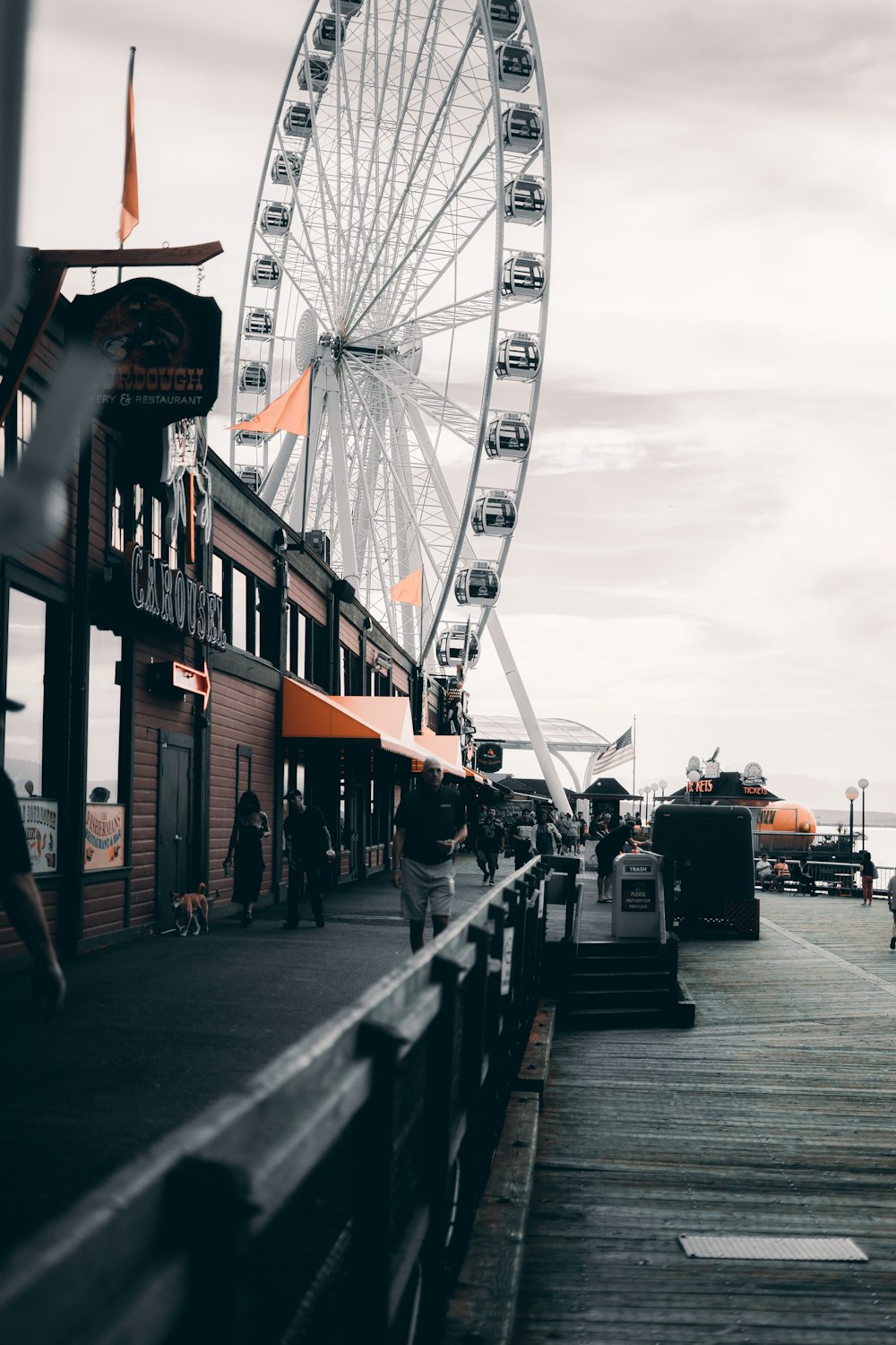 a ferris wheel sitting on the side of a pier