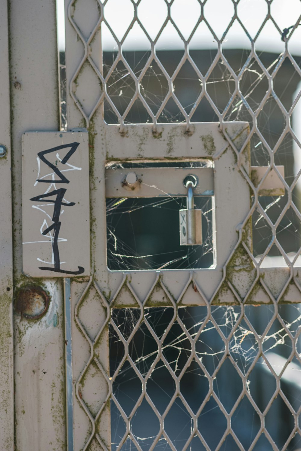 a close up of a metal gate with graffiti on it