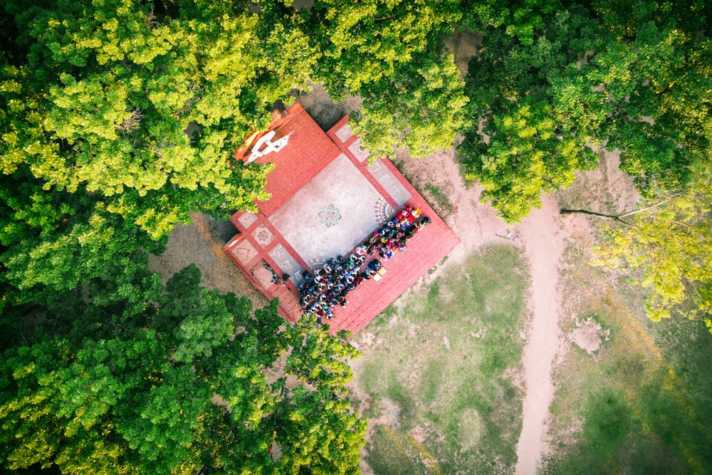 an aerial view of a group of people in a park