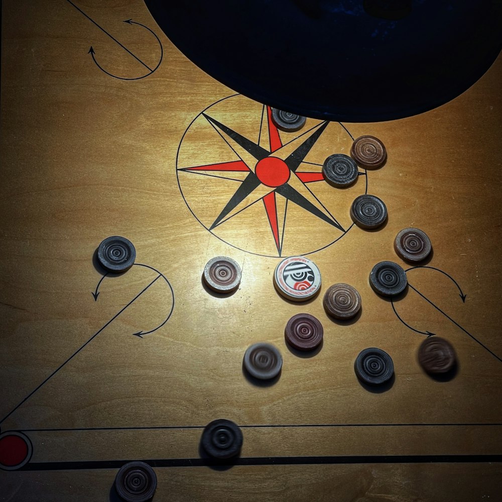 a wooden table topped with lots of buttons