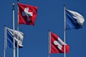 a group of flags flying in the wind