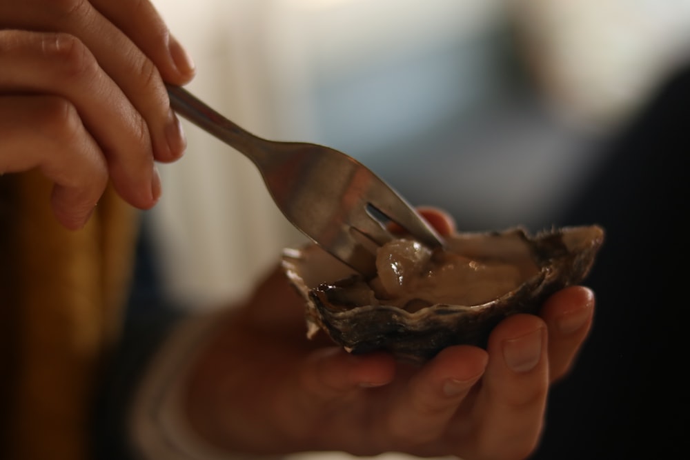 a person holding a spoon in a oyster shell