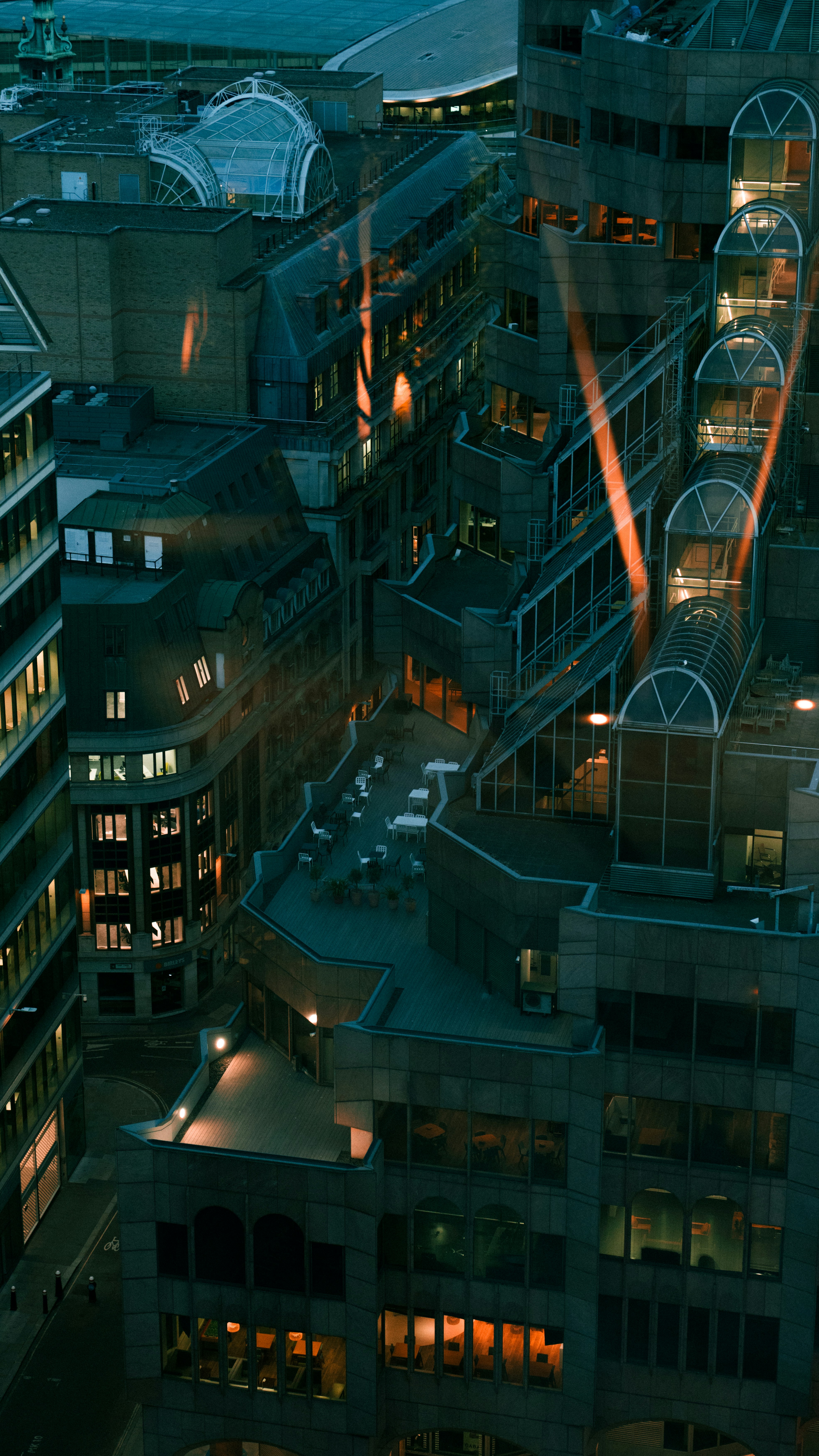 an aerial view of a city at night