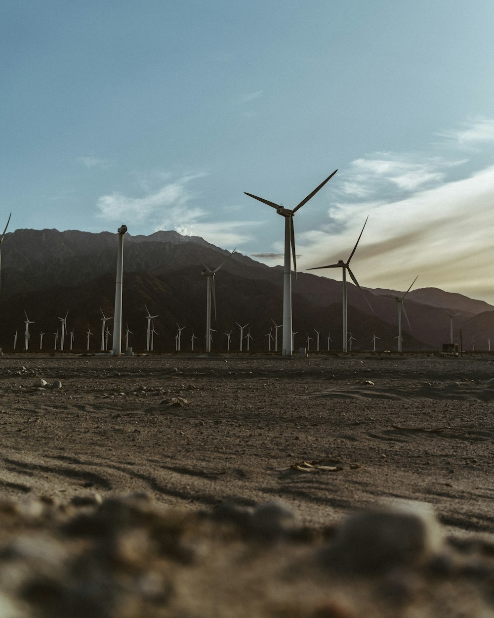 a bunch of windmills that are standing in the dirt