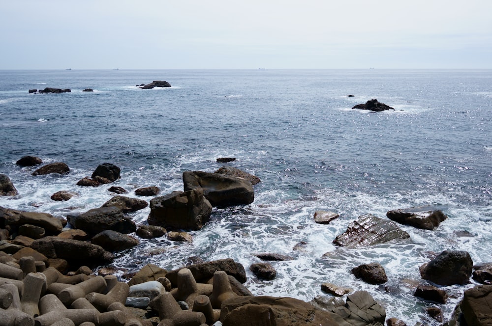 a body of water next to a rocky shore