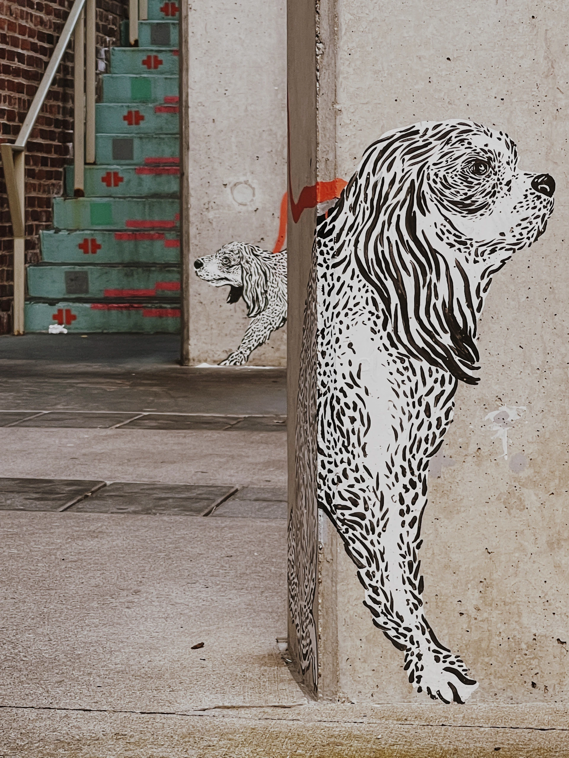 A mural of two black and white dogs is painted on the corner of a concrete wall. The larger dog appears to be in the foreground, with detailed line work illustrating its fur. The smaller dog is positioned behind it, partially hidden. A red stripe extends across the wall behind the dogs. In the background, there is a staircase with turquoise steps and red decorative patterns, leading up to a brick wall.