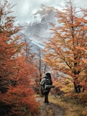 a person with a backpack on a trail in the mountains