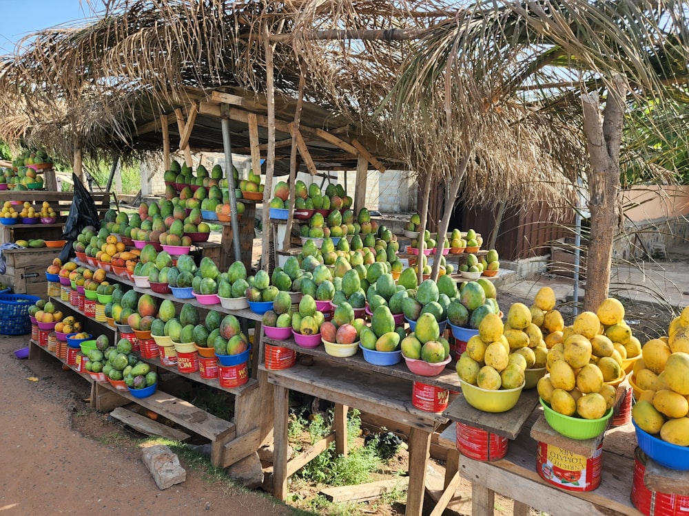 a bunch of fruit that are on a table