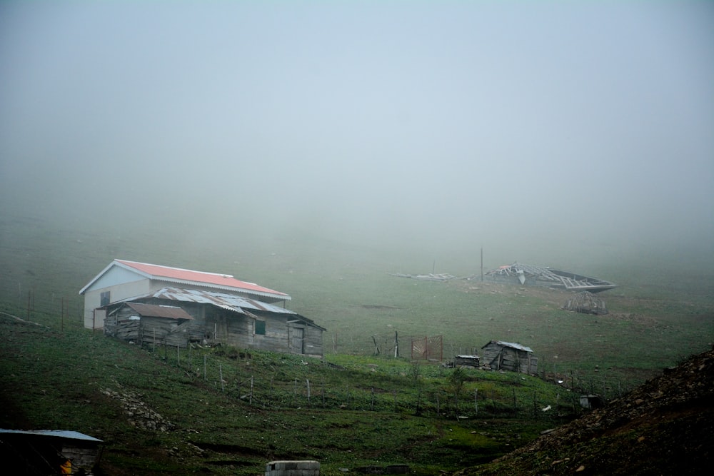 a foggy field with a barn and farm buildings