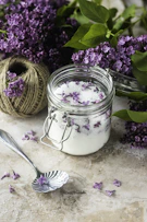 a jar of lavender sugar next to a ball of twine