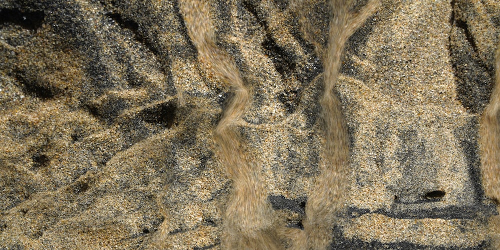 a close up of a rock face with sand on it
