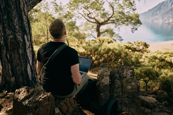 A person sits on rocks in a natural setting, using a laptop. The landscape features dense, green foliage with a large tree nearby and a view of a distant body of water under a clear sky. The scene conveys tranquility and isolation in nature.