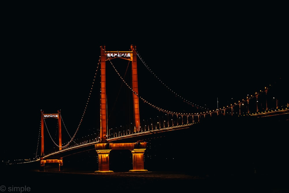 a very long bridge lit up at night