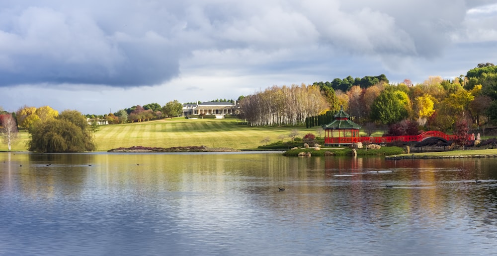 a large body of water surrounded by trees