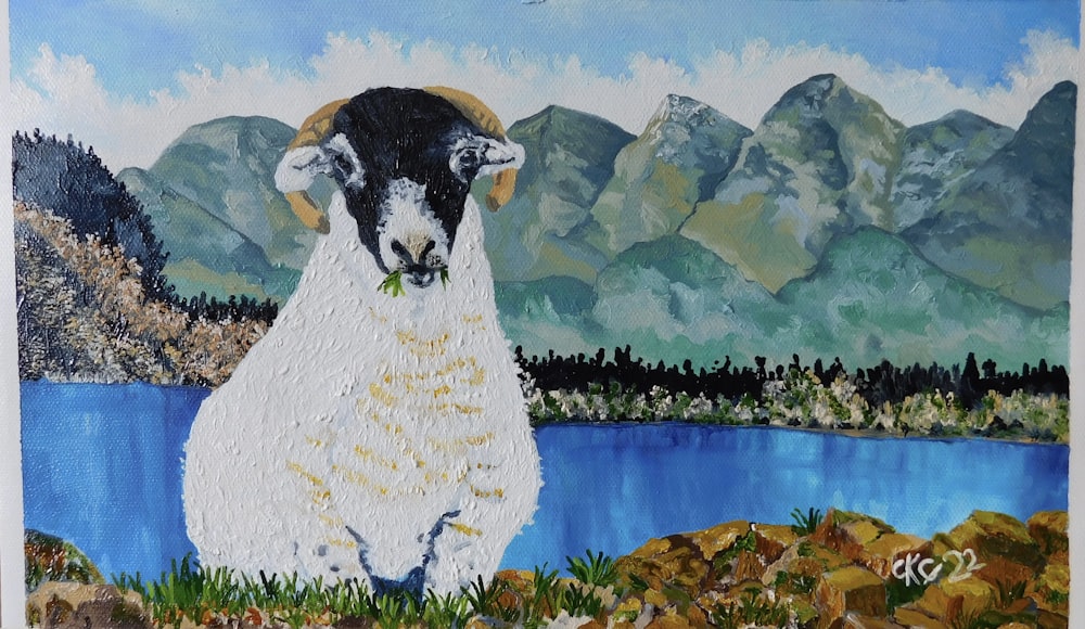 Una pintura de una oveja parada frente a un lago